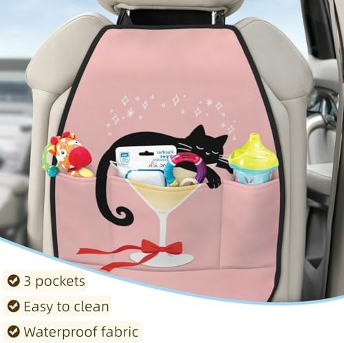 Car Seats Back Protector 2 PCS - Cocktail Cat | with 3 Storage Pockets, Shield Seats From Dirt, Mud Scratches, Fits Cars SUVs Trucks and Jeeps