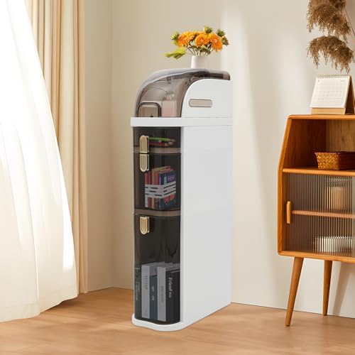 Narrow Slim Storage Cart Bathroom Floor Cabinet with 4 Wheels Bathroom Slim Plastic Storage Cabinet with Clear Drawers & Toilet Paper Holder for Small Spaces Kitchen Laundry (3 Drawers)