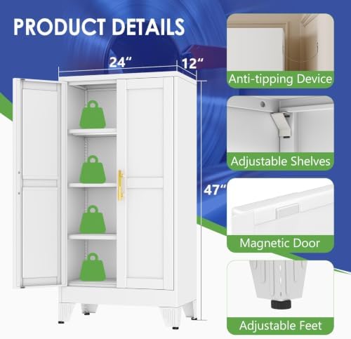 47" Metal Garage Storage Cabinet with 2 Doors and 3 Adjustable Shelves,Metal Storage Cabinets,Steel Tool Cabinets for Home,Office,Garage,Warehouse (White, 47''H x 24''W x 12''D)