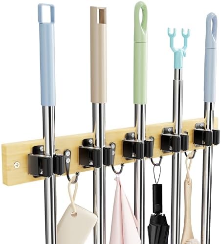 Mop and Broom Holder Wall Mount - Bamboo Broom Mop Hanger - Wall Mounted Garden Tool Rack Organizer for Closet Garage Laundry Room Kitchen Decor With 5 Slots & 4 Hooks (Bamboo)