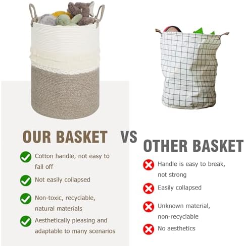 danpinera 79 L Large Laundry Basket, Tall Woven Cotton Storage Hamper with Handles, Dirty Clothes Hamper in Bathroom, Decorative Storage Basket for Living Room White & Brown