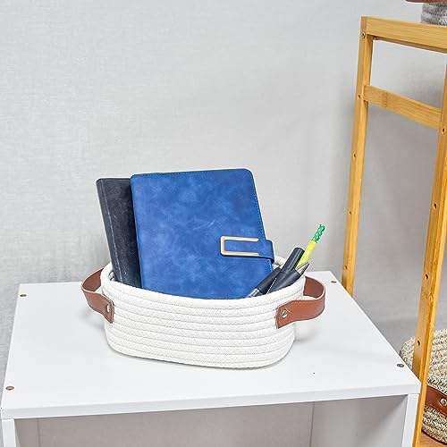 ABenkle Small Storage Basket, Mini Rope Woven Baskets, Cute Shelf Closet Storage Organizer, Boho Decorative Toy Bin for Nursery, Living Room, Spa, Empty Gift Baskets - XS, White