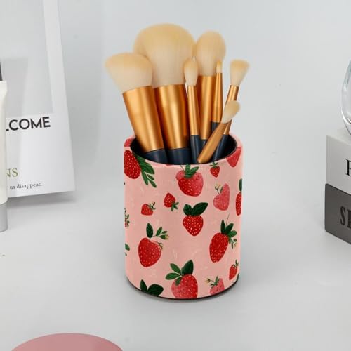 Faux Leather Pen Holder for Desk, Pencil Organizer Strawberry Pen Cup Desk Decor Makeup Brush Holder Storage for Office Home