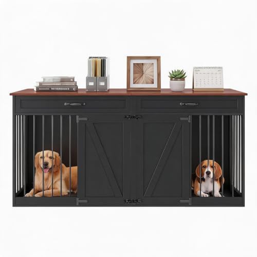 70.8" Dog Crate with 2 Drawer, Large Dog Crate Furniture for 2 Dogs, Farmhouse Dog Crate with Removable Divider Dog Kennel Furniture, Heavy Duty Dog Cage and TV Stand for Large Medium Dogs
