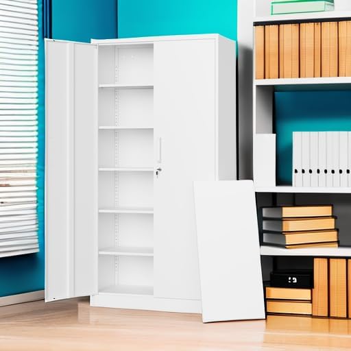 Metal Storage Cabinets with Lock Door,Steel Locker Garage Cabinets 5 Adjustable Shelves for Home,Office, Warehouse(White)