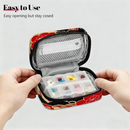 Travel Pill Organizer Red and Black Japanese Cherry Blossoms Pill Case