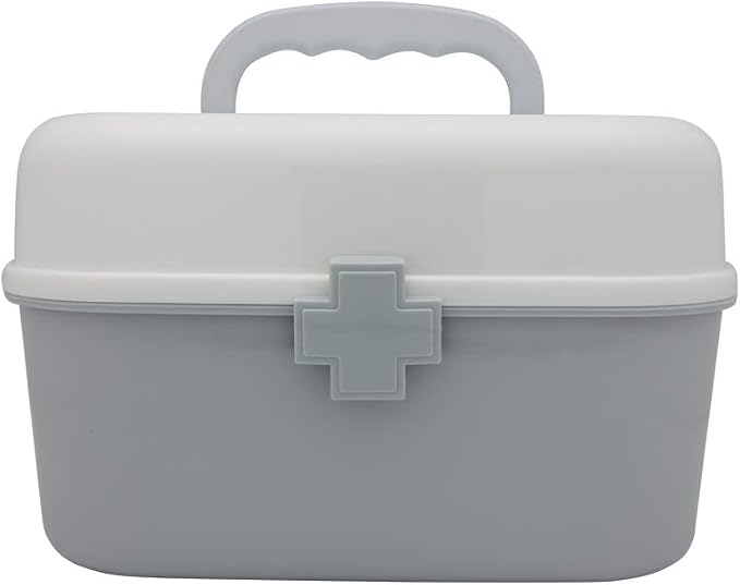 Plastic First Aid Storage Box Container Bin with Removable Tray and Portable Handle, Family Emergency Medicine Kit Case Organizer, White&Gray