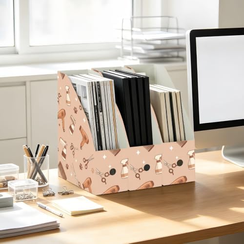 SPRIPORT Pet Paw Brown Print Water Resistant PP Magazine File Holder Organizer for Desk, Foldable Storage Rack for Library School Office Document Sorter with Labels 23x30x10cm (3 Pack)