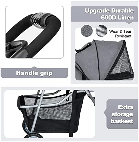 BestPet | 3-Wheel Foldable Pet Stroller | Grey | Lightweight & Portable | Travel Carrier with Mesh Windows, Storage Basket, Cup Holder, Safety Brakes, and Waterproof Fabric | For Small Dogs and Cats