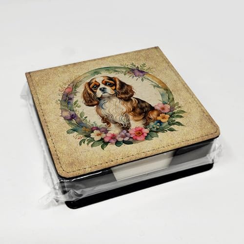 Caroline's Treasures Cavalier Spaniel and Flowers PU Leather Note Paper Holder with Artist-Designed Cover, Desk Accessory, Office Gift