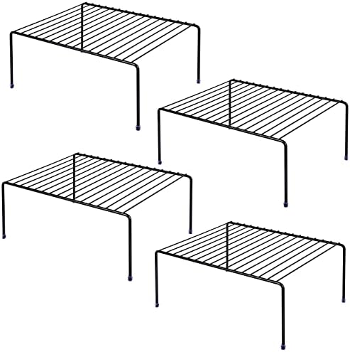 Kitchen Cabinet Storage Shelf Rack/Plastic Feet - (13.1 x 10.2 Inch) - Steel Metal - Rust Resistant Finish - Cups, Dishes, Cabinet & Pantry Organization (4, Black)