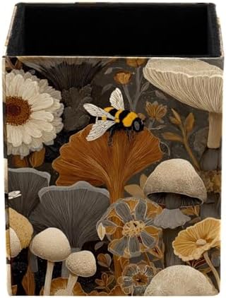 Bees and Mushrooms Pen Holder for Desk Decor, Rectangular PVC Leather Pencil Cup for Desk Pen Organizer, Makeup Brush Holder for School, Home, Office