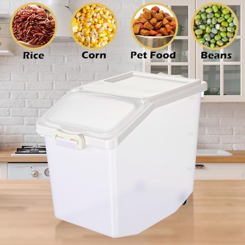 Sunnyray 4 Pcs Rice Storage Container 33.1 lb Airtight Flour Container with Wheels Measuring Cup White Pet Food Dog Cat Birds Food Bin Grain Cereal Organizer Box for Dry Baking Supplies