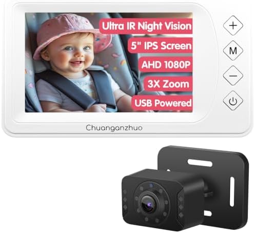 S100P Baby Car Camera with Ultra Night Vision, 5'' HD 1080P IPS Baby Car Monitor with 3X Zoom, Backseat/Carseat/Rear Seat Camera USB, Easy No-Damage Install, Safety for Infants and Pets (5 inch White)