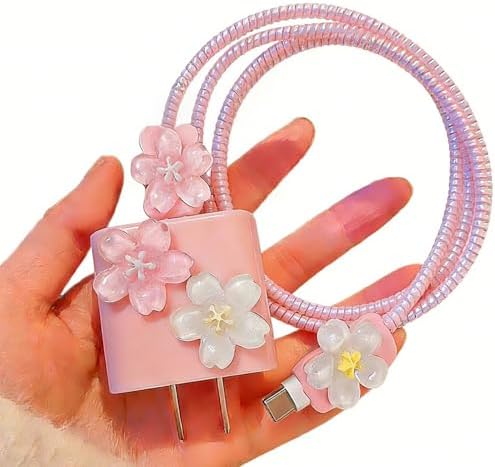 Flower Cable Protector for iPhone Charger Protector Cute 3D Cherry Blossoms Design,Floral iPad Charger Cover,Charger Cord Protector for Women Girl,DIY Phone Cord Protector for iPhone 15 16 17 Pro Max