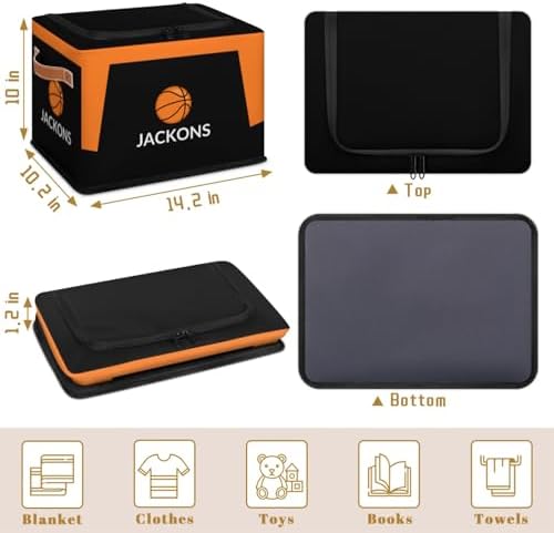Custom Storage Basket with Zipper Lid, Basketball Sport Ball Foldable Fabric Storage Boxes Decorative Closet Shelves Clothes Organizer Container Cubes with Handle 1PCS