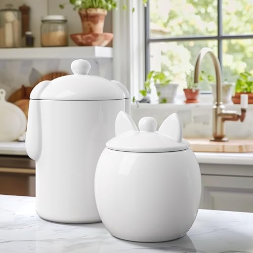 Barnyard Designs Airtight Ceramic Pet Treat Jar Set of 2 White (Dog & Cat) | Rustic Storage Canisters with Airtight Lids for Kitchen Counter; Holds Biscuits, Snacks, or Kibble; Farmhouse Decor