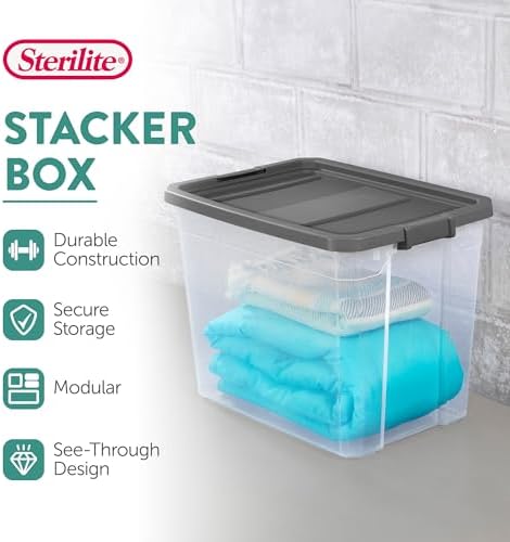 Sterilite 16-Pack Modular Stacker Box, Durable Clear Plastic Storage Bins with Latching Lids, 108 Quart - Stackable Organizing Container Boxes for Closet, Bathroom, and Office