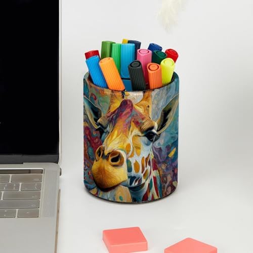 Faux Leather Pen Holder for Desk, Pencil Organizer Giraffe Pen Cup Desk Decor Makeup Brush Holder Storage for Office Home