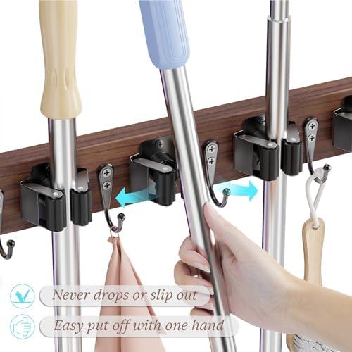 Broom Holder Wall Mount, Rustic Wood Broom Hanger with 5 Racks and 4 Hooks, Laundry Room Organization and Storage, Mop Holder for Home Decor, Garden, Garage, Kitchen, Closet (Black walnut Wood)