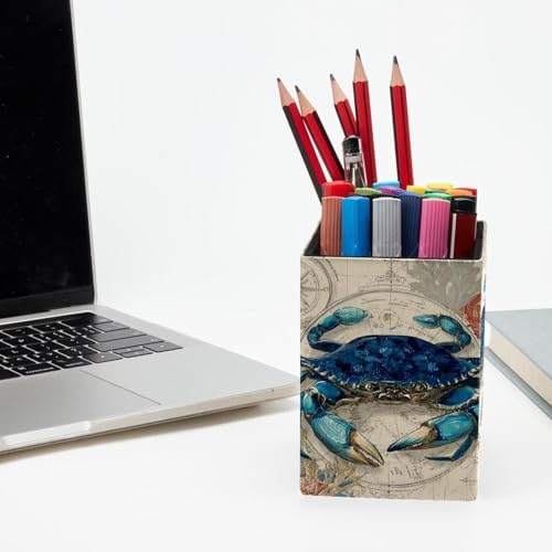 Map and Crab Pen Holder for Desk Decor, Rectangular PVC Leather Pencil Cup for Desk Pen Organizer, Makeup Brush Holder for School, Home, Office