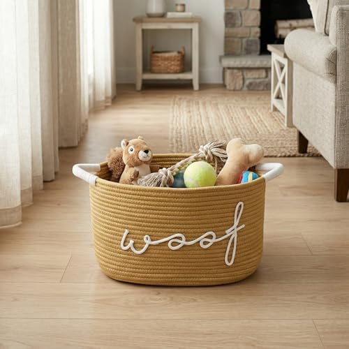 Premium Dog Toy Bin - Large Cotton Rope Pet Toy Basket with Durable Handles, Collapsible Storage Organizer for Puppy Chew Toys, Blankets and Accessories (Yellow)