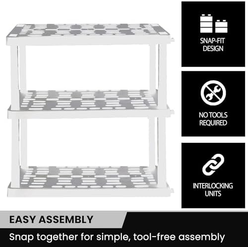 Oskar Heavy Duty Plastic Storage Shelves- for Garage, Kitchen, Bathroom Basement Kids Room, Stackable 3-Tier White, Organizer Rack for Books Shoes, Toys, Pantry, Cleaning and Closet Organization
