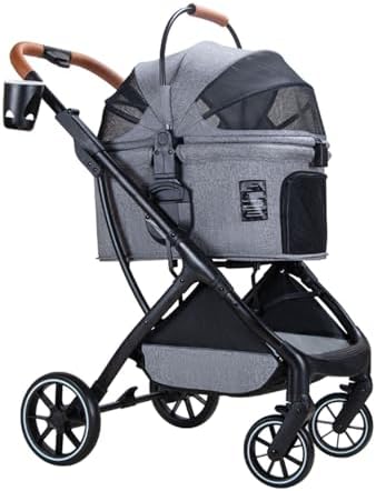 4 Wheels Pet Stroller Dog Cat Travel Stroller Lightweight Folding Crate Stroller 360° Front Wheel with Storage Basket + Cup Holder Basket Can Be Used Alone Holds Pets Up to 20 Kg / 44 Lbs ( Color : Gr