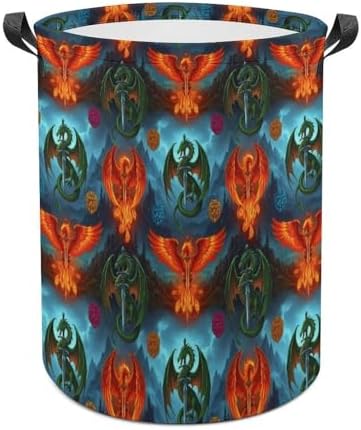 Foldable Laundry Basket with Handles Flame Dragon Phoenix Western Myth, Waterproof Storage Hamper for Clothes, Toys, and Towels in Bedroom and Bathroom