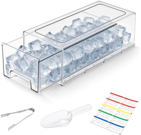 Stackable Ice Storage Bin for Freezer with Front Slide-Out Drawer | Clear PET bin with lid, 12.6 x 5.9 x 4.3 in, includes scoop, tongs and 10 washable labels, for ice and frozen fruit