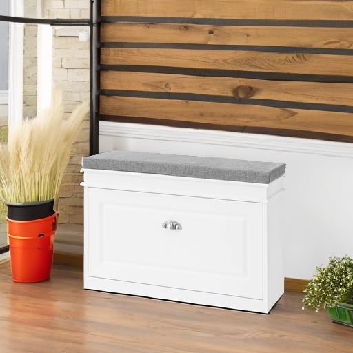 Haotian Shoe Storage Bench with Cushion | White Narrow Shoe Rack for Entryway, Small Shoe Cabinet with Flip-Drawer, Closet Hallway Mudroom FSR82-L-W