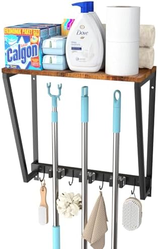 Broom and Mop Organizer Wall Mount, Heavy Duty Broom Hanger Wall Mount for Garage Laundry Room Utility Closet, Cleaning Tool Storage Rack Holder for Brooms Mops Swiffer and Household Organization