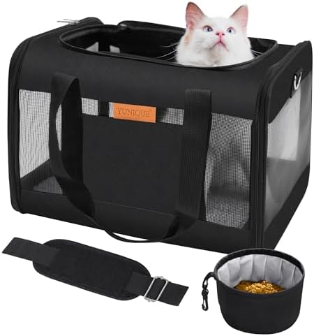 YUNIQUE Soft-Sided Cat & Dog Carrier for Pets Up to 15 Lbs, Airline Approved Collapsible Travel Puppy Carrier with Lightweight Fabric Design (Black)