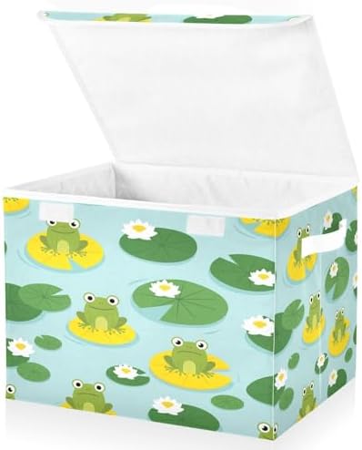 Storage Bins with Lids Frogs on Lily Pads Foldable Storage Boxes with Handles Cute Large Storage Basket Collapsible Organizer Containers for Closet Home Bedroom Office