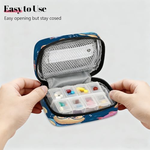 Weekly Pill Organizer Travel Size Bag with Removable 7 Day Pill Box Portable Vitamin Case Purse with Zipper,Scuba Cat Underwater with Fish