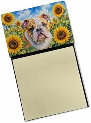 Caroline's Treasures English Bulldog in Sunflowers Watercolor Sticky Note Holder Refillable Dispenser Desk Accessory 3x3 Pad Gift