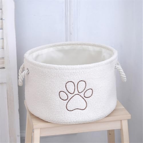 Storage Bin for Dog Toys,Plush Collapsible Dog Toy Bin Box with Handles,Large Pet Supplies Storage Basket Organizer for Toys,Blankets,Leashes,Clothing（Round,Milky White）
