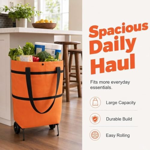 Foldable Shopping Cart Rolling Bag, Heavy Duty Wheeled Cart Bag | Portable Compact Cart for Groceries, Laundry & Camping Gear for Travel & Apartment Storage