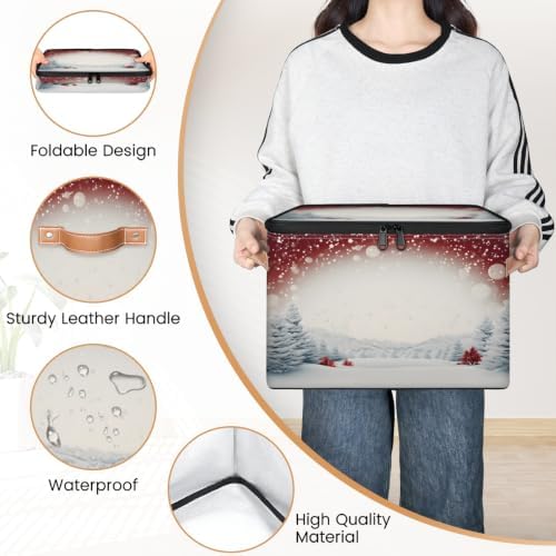 Merry Christmas New Year Holiday Fabric Storage Bin with Lid | Storage Basket, Collapsible, Foldable, Waterproof, Handle, Large, Closet Organizer, Home, Xmas Tree Winter
