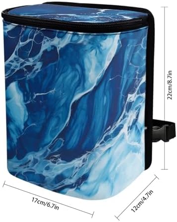 Car Trash Bag with Lid - Collapsible, Waterproof Car Organizer and Storage Accessory for Women, Dark Blue Marble Print