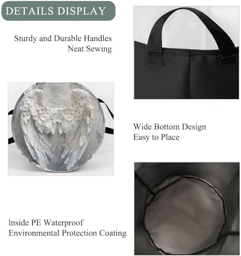 Angel Wings Laundry Basket Hamper, Organizer Bins Gifts for Women Kids, Heavenly White Feather Foldable Waterproof Clothes Hamper Handles Storage Bucket for Bedroom Bathroom Room Decor 19.7"x15.7"