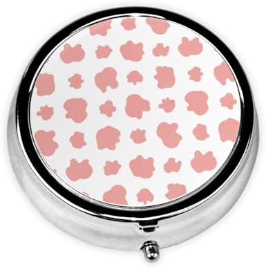Purse Pill Organizer, Round Portable Case, Waterproof Holder for Vitamins, Mini Travel Box for Urban Commuters, Cute Cow Print Pink