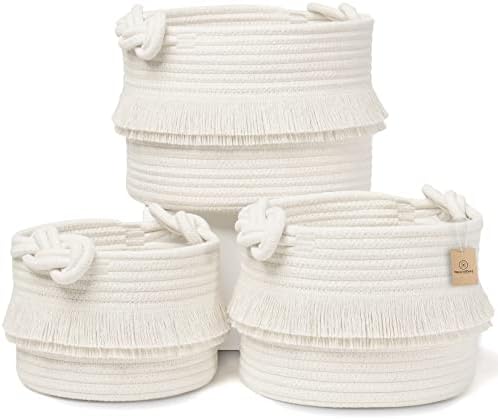 NaturalCozy 3-Piece Decorative Storage Basket Set – Cotton Rope Woven Baskets for Organizing! Small Storage Bins for Nursery Baby Stuff, Gift, Montessori, Dog Toy Bin, Cat Toys, Bathroom Shelves