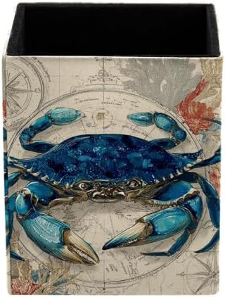 Map and Crab Pen Holder for Desk Decor, Rectangular PVC Leather Pencil Cup for Desk Pen Organizer, Makeup Brush Holder for School, Home, Office