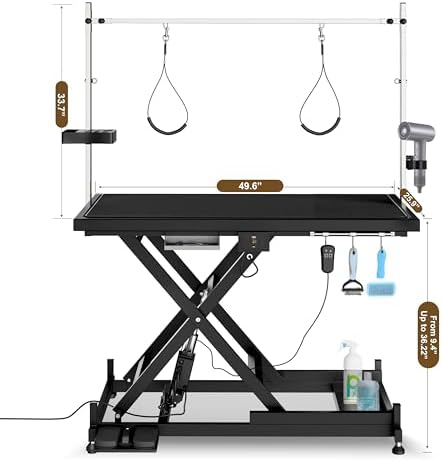 50 Inch Electric Dog Grooming Table, Heavy Duty Upgrade Extra Large Pet Grooming Tables with Overhead Arms, 2 Nooses & Tool Organizer, Height Adjustable Grooming Table for Home, Black
