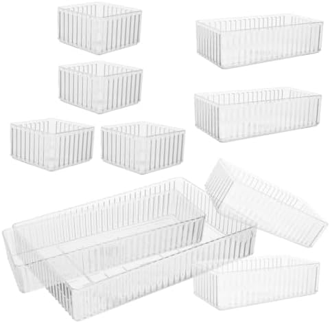 10pcs Plastic Drawer Organizer Bins Set with 4 Sizes, Stackable and Removable Dividers, Raised Edges, Easy to Pet Storage Trays for Vanity, Bathroom Counter, Cosmetics and Nail