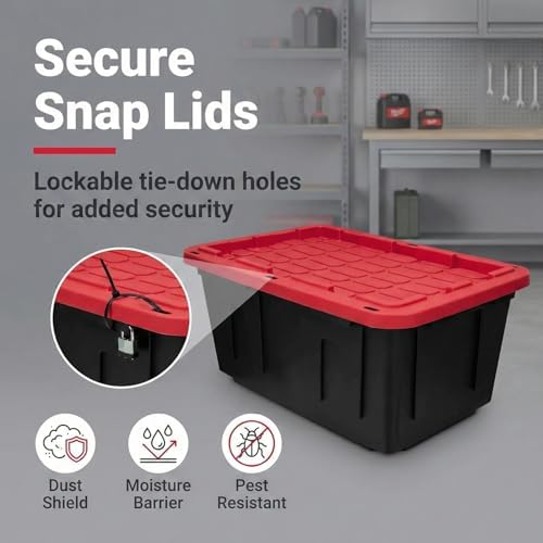 27 Gallon Heavy-Duty Storage Totes with Secure Snap Lids, 4-Pack Stackable Plastic Bins for Garage, Basement, Attic Organization - Black Base & Red Lid, Lockable Design for Indoor/Outdoor Use (4 PACK)