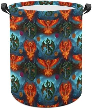 Collapsible Laundry Hamper with Handles Flame Dragon Phoenix Western Myth, Large Waterproof Clothes Basket for Bedroom, Bathroom, and Toy Storage Organization