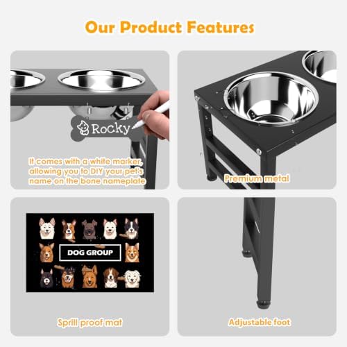 ADENGL 10" Elevated Dog Bowls – Metal Raised Dog Bowl Stand with 2 x 1700ml Stainless Steel Bowls, 1 Slow Feeder & Non-Slip Mat for Dogs