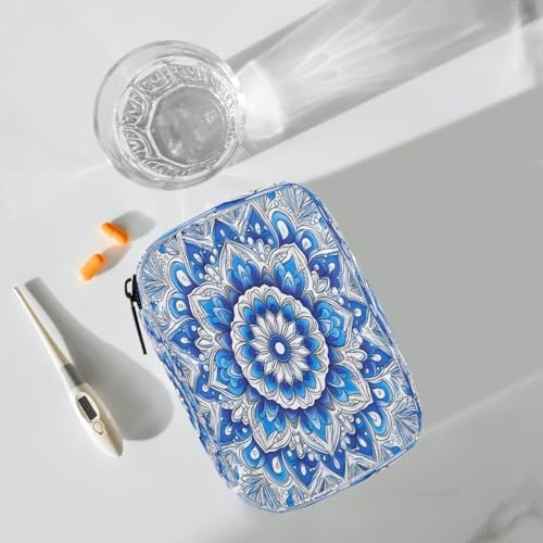 Pill Organizer Box Blue Mandala Ethnic 7-Day Weekly Medicine Pill Case Travel Pill Container Portable Pill Holder Storage Purse Bag Small Compact Size for Vitamin Supplement Birth Control